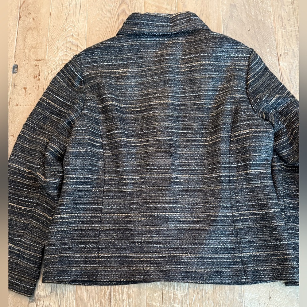 Chico's Women's Black Gray Striped Jacket  gathered collar Chicos size 2 (US 12) - Picture 7 of 9